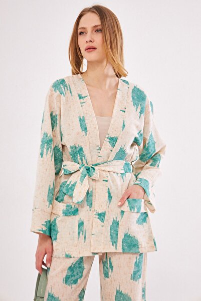 armonika Kimono verde Dio pentru femei, cu model, buzunar cu curea, aspect de...