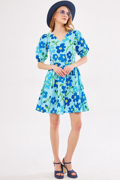 armonika Babyblaues Minikleid für Damen, vorne und hinten, V-Ausschnitt, Ballonärmel, Gürtel, detailliert gemustert, ARM-24Y001016