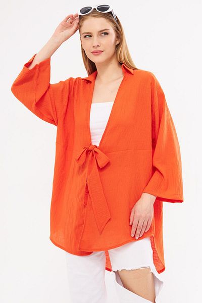 armonika Orangefarbenes Kimonohemd in Leinenoptik – Bindeband vorne, ARM-24Y001063