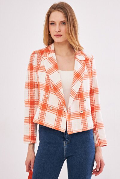 armonika Women's Orange-White Double Breasted Collar Tweed Crop Jacket ARM-24K001014