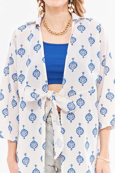 armonika Cămașă kimono din in albastru - mărime midi, cravată în față, ARM-24Y001096