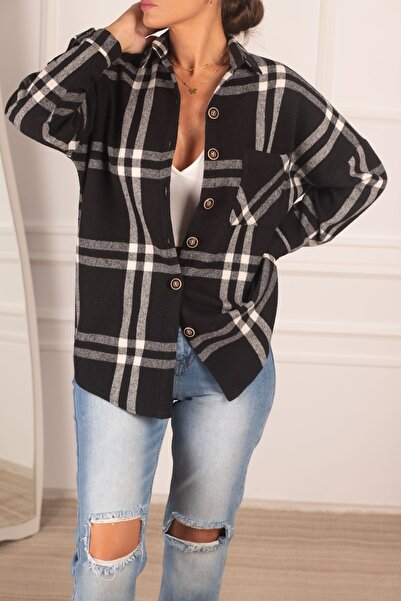 armonika Γυναικείο μαύρο-άσπρο καρό μοτίβο oversize πουκάμισο με μανσέτα τσέπ...