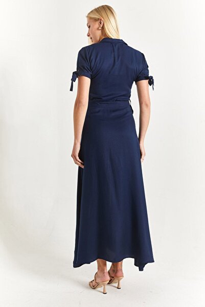 armonika Női sötétkék ujjú megkötött derék öves ing ruha kar-23y001004