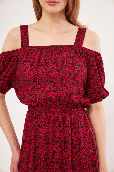 armonika Fuchsiafarbenes Damenkleid mit kariertem Blumenmuster, Trägern und elastischer Taille ARM-21K001202