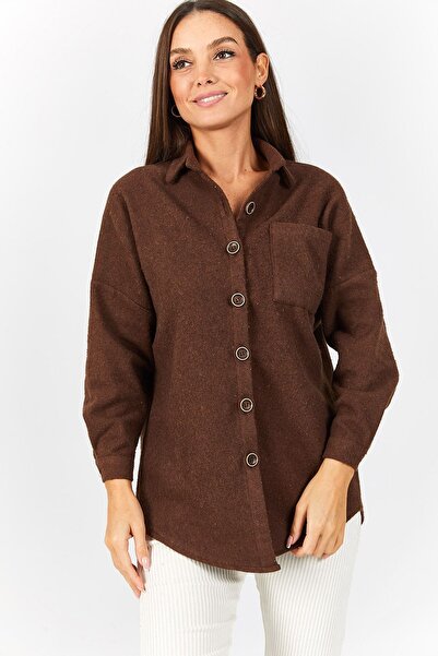 armonika Kadın Kahve Oversize Kaşe Cepli Gömlek ARM-22Y001156