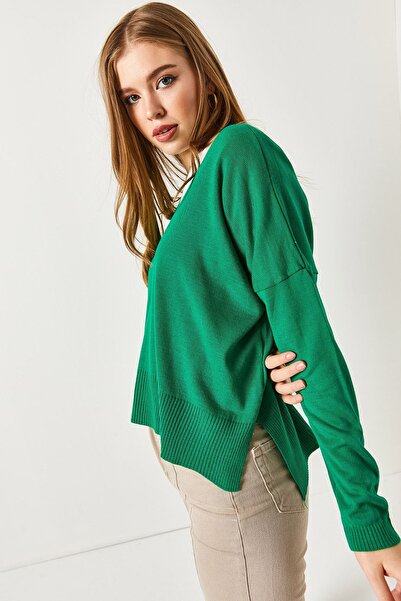 armonika Women's Green V-Neck Front Short Rear Long Knitwear Sweater ARM-22Y012013