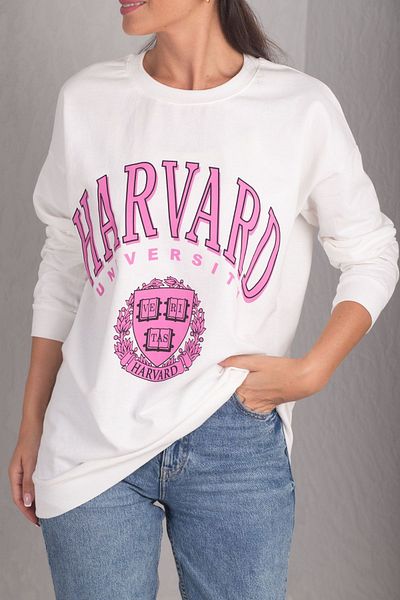 armonika Women's White Front Printed Round Neck Oversize Long Sleeve Sweatshirt ARM-24K024005