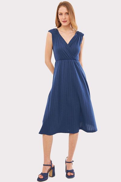 armonika Rochie midi albastru închis - cu talie și umeri elastici, guler dublu braț-24 ani 001017