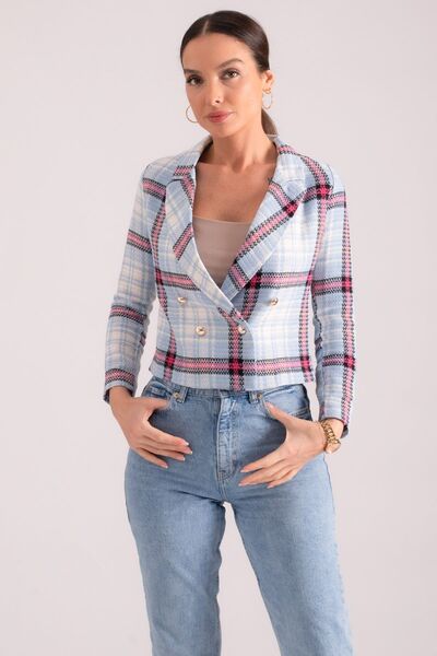 armonika Kadın Mavi-Fuşya Kruvaze Yaka Tüvit Crop Ceket ARM-24K001014