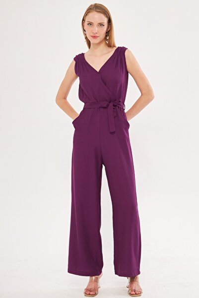 armonika Purple Double Breasted Collar and Shoulder Detailed V Belted Long Women's Jumpsuit - ARM-24Y001049