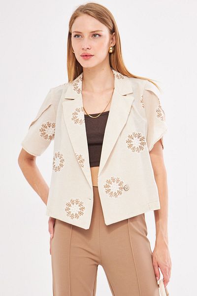 armonika Világosbarna vászonmintás - hasított női Crop dzseki ARM-24Y 001095