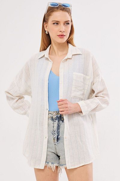 armonika Baby modrá oversize dámská košile s detailem kapsy – dlouhý rukáv, skládaná záda, pruhované ARM-24Y001053