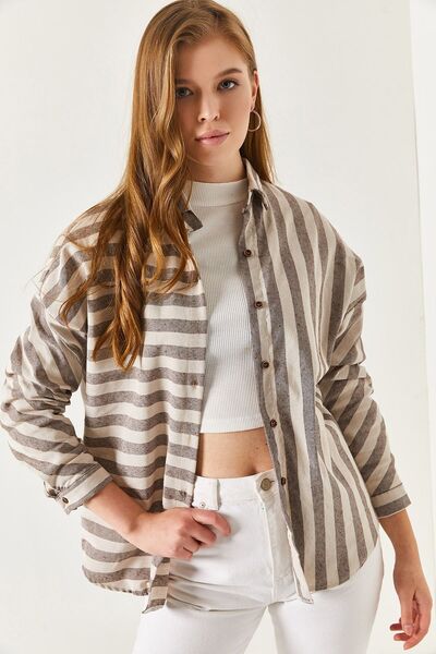 armonika قميص كاجوال مخطط باللون البني للنساء ARM-21K001034