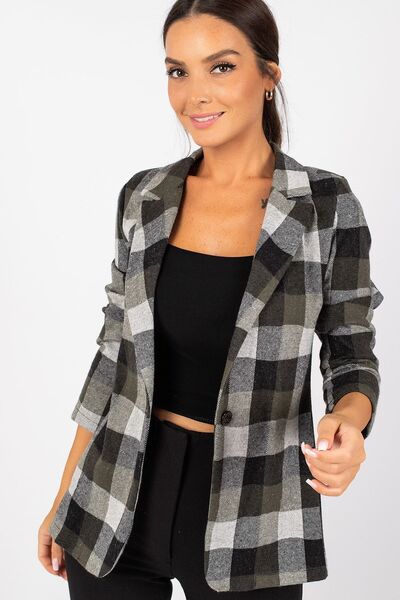 armonika Kadın Haki Kare Desen Tek Düğmeli Ceket Arm-22Y001162
