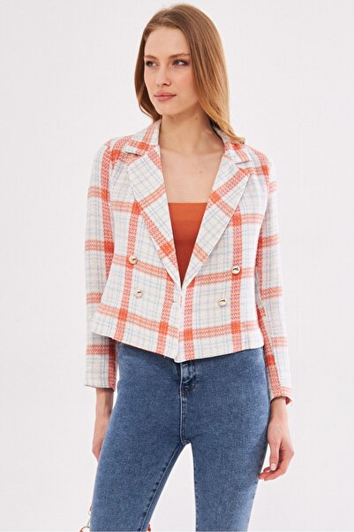 armonika Women's Orange-Blue Double Breasted Collar Tweed Crop Jacket ARM-24K001014