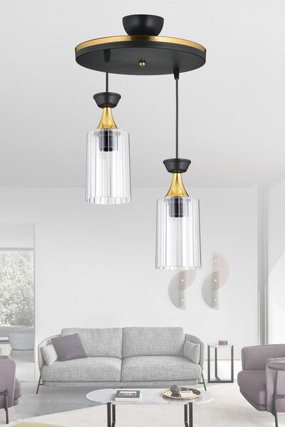 Genel Markalar Sarkıt Tepsi 2'li Boru Mika Şeffaf Sarı Şeritli Modern Avize