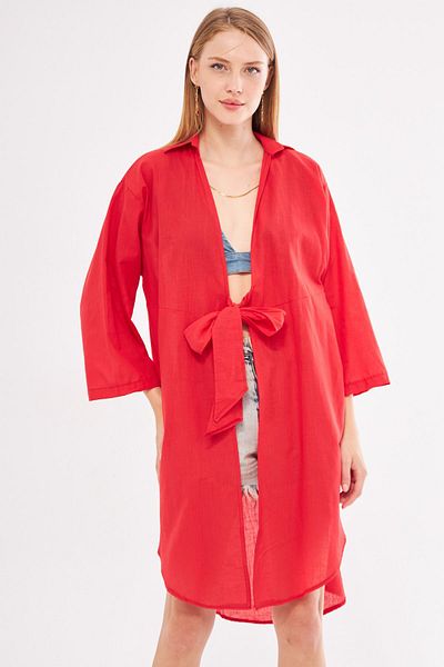 armonika Red Thin Linen Midi Kimono - Women's, Front Tie, ARM-24Y001081