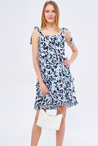 armonika Women's Baby Blue Dekaenya Dress Ruffle Detailed Shoulder Tie Mini S...