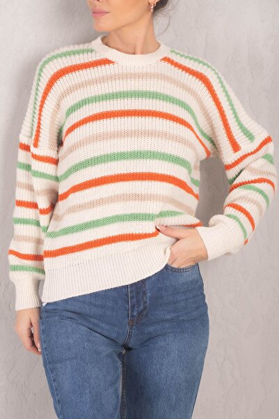 armonika Women's Green Striped Thessaloniki Knitted Sweater with Elastic Slee...