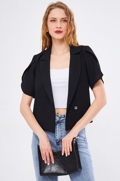 armonika Damen Blackkosiokto Jacke mit Ärmelschlitz, detailliertes Crop-Shirt, kurze Ärmel, ARM-24Y001048