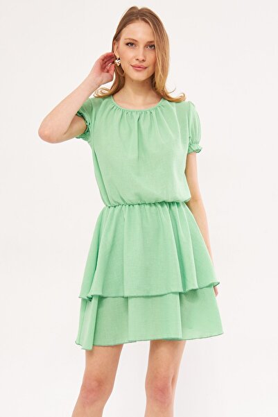 armonika Hellgrünes Endeka-Kleid für Damen mit Kragen, gerafften Ärmeln und e...