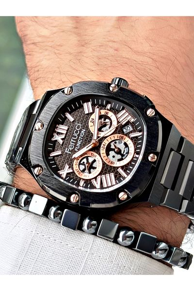 Ferrucci Men's Wristwatch - Black, Square Roman Numeral + Bracelet Gift