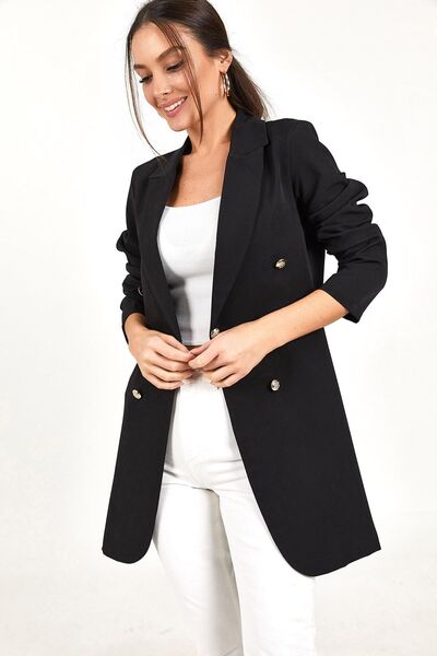armonika Schwarze geknöpfte lange Damenjacke ARM-22Y001072