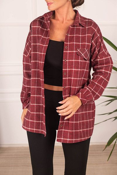 armonika Women's Red Plaid Pattern Pocket Flap Oversize Stash Shirt ARM-24K001005