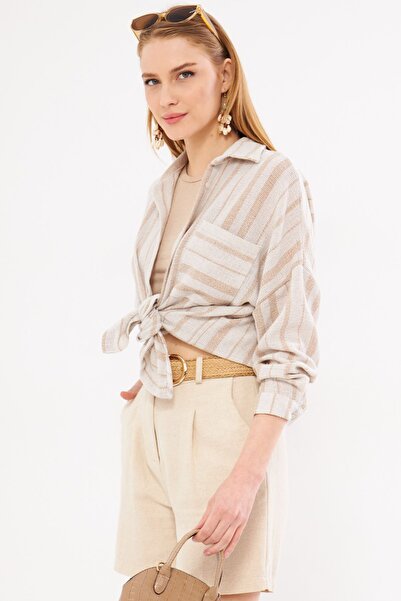 armonika Mink színű női oversize ing - hosszú ujjú, zsebrészlet, redőzött hátú csíkos ARM-24Y001053