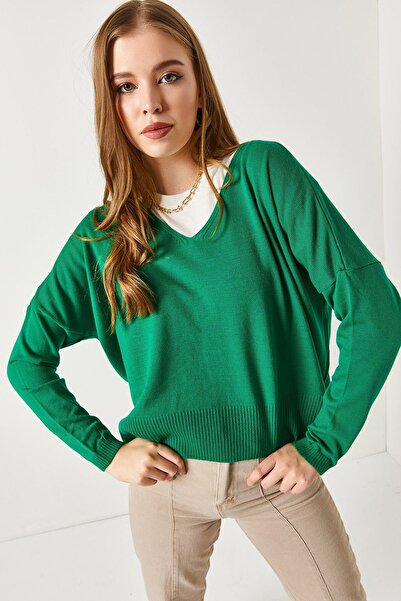 armonika Women's Green V-Neck Front Short Rear Long Knitwear Sweater ARM-22Y012013