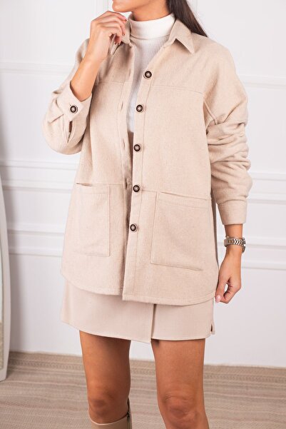 armonika Women's Beige Pocketed Oversize Stash Jacket ARM-24K001033