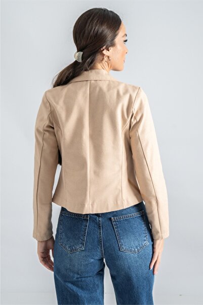 armonika Women's Beige Double Breasted Collar Gabardine Crop Jacket ARM-24Y001010