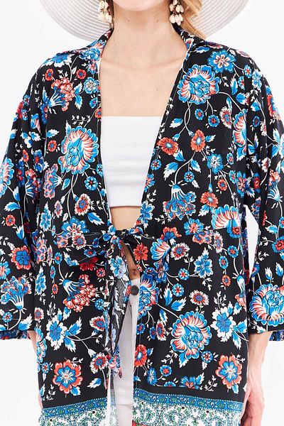 armonika Cămașă kimono pentru femei cu model albastru deschis - cravată în față ARM-24Y001080