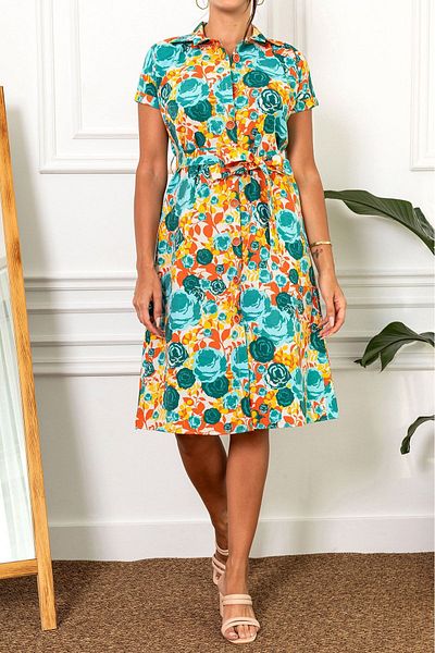 armonika Women's Orange Patterned Waist Belted Short Sleeve Shirt Dress ARM-23Y001126