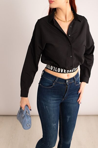 armonika Kadın Siyah Beli Lastikli Crop Gömlek Arm-23y001005