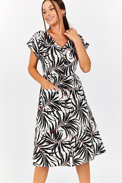 armonika Γυναικείο φόρεμα με μαύρα φύλλα με κουμπιά μπροστά ARM-22Y001122