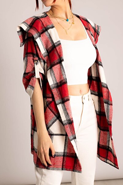 armonika Women's Red-white Plaid Casual Jacket with Pockets Arm-22y001160