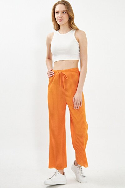 armonika Women's Orange Elastic Waist Ribbed Knitwear Trousers ARM-22K105002
