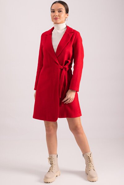 armonika Women's Red Side Tie Long Stamp Coat ARM-24K001068