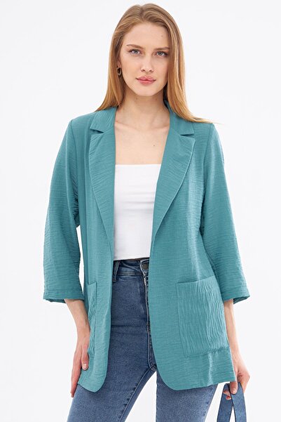 armonika Turquoise Linen Look Oversize Women's Jacket - With Pockets, ARM-24Y...