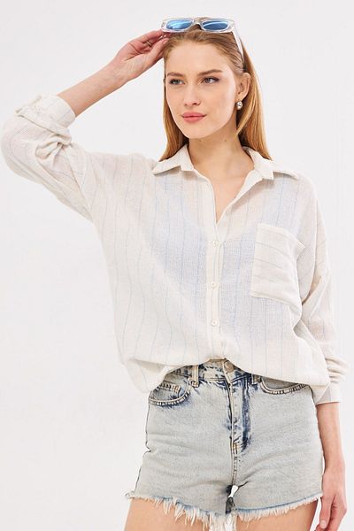 armonika Baby modrá oversize dámská košile s detailem kapsy – dlouhý rukáv, skládaná záda, pruhované ARM-24Y001053