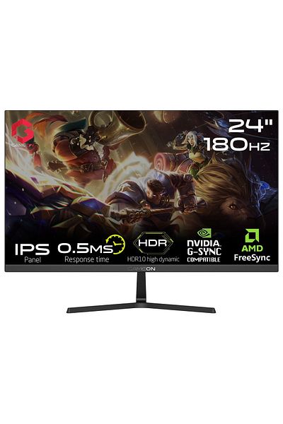 GAMEON شاشة ألعاب FHD مقاس 24 بوصة، 180 هرتز، 0.5 مللي ثانية، HDMI 2.0، متوافقة مع G-Sync، IPS سريعة، أسود