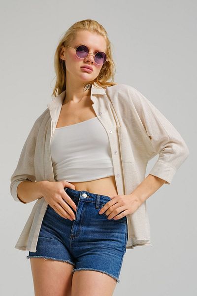 armonika Dámská lněná košile pro volný čas Ecru Pocket ARM-21Y001035