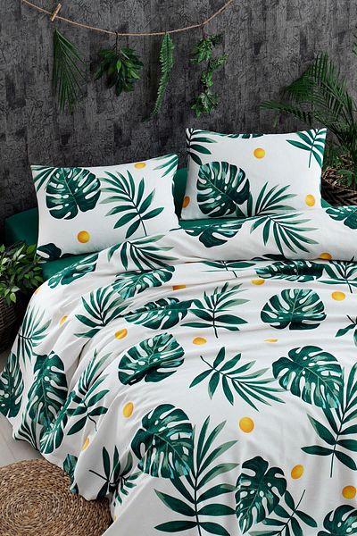 Eponj Home Set Dublu Imprimat Pique Monstera Green