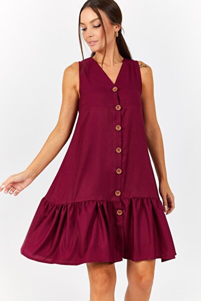 armonika Kadın Mürdüm Eteği Fırfırlı Önü Düğmeli Kolsuz Elbise Arm-22Y001153