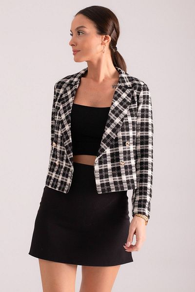 armonika Women's Black-White Double Breasted Collar Tweed Crop Jacket