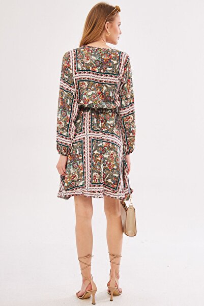 armonika Női fukszia gallér nyakkendő elasztikus derék szoknya fodros kiszélesedő ruha ARM-24Y001011