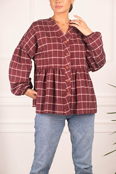 armonika Women's Red Six Drawstring Sleeves Elastic Plaid Pattern Stitched Shirt ARM-24K001006