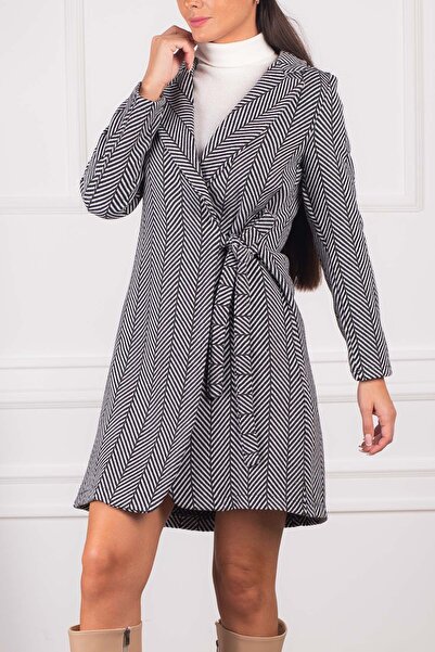 armonika Kadın Haki Yandan Bağlamalı Balık Sırtı Desen Uzun Kaşe Kaban ARM-24...