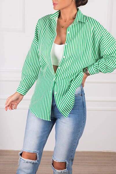 armonika Women's Light Green Striped Oversize Long Basic Shirt ARM-24K001024